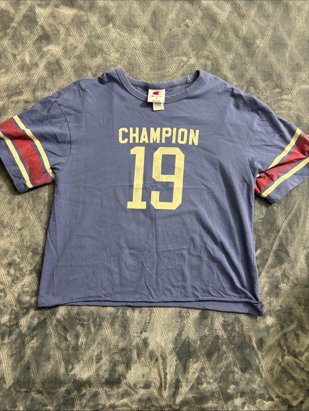 Champion Kids Blue Graphic '19' Tee with Stripe Sleeves